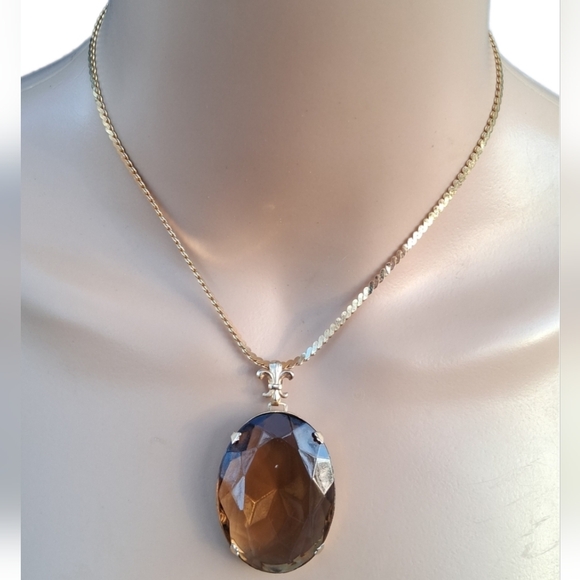 Vintage Jewelry - ✨️14K Gold Filled Serpentine Necklace - Vintage Smokey Quartz Glass Pendant